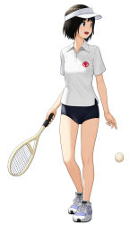 1girl ball black_buruma black_eyes black_hair buruma full_body hat highres holding_tennis_racket looking_to_the_side maburu_(lojyq1eur3e8bit) open_mouth original polo_shirt racket shirt shoes simple_background sneakers solo sportswear standing tennis tennis_ball tennis_racket tennis_uniform visor_cap white_background white_hat white_shirt white_shoes