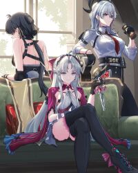 Rule 34 | 3girls, absurdres, ahoge, arm pouch, arm rest, armpit crease, bare shoulders, black boots, black choker, black dress, black gloves, black hair, black horns, black pants, black pouch, boots, bow, bpo 00, breasts, button gap, can, canned coffee, carlotta (wuthering waves), choker, closed mouth, collared shirt, commentary request, couch, crossed legs, curled horns, dress, drink can, earrings, elbow pads, female rover (wuthering waves), from behind, gloves, gun, hair between eyes, hair bow, hair ornament, hair ribbon, hairband, hairclip, half gloves, hand up, harness, high-waist pants, highres, holding, holding can, holding gun, holding weapon, horns, indoors, jacket, jewelry, key earrings, large breasts, leaning back, leaning on object, long hair, long sidelocks, looking ahead, looking at viewer, looking back, medium breasts, mole, mole under eye, multicolored eyes, multiple girls, necktie, on couch, pangu terminal (wuthering waves), pants, parallel hairclips, parted bangs, pink bow, pink hairband, pink jacket, pink thighhighs, red eyes, red necktie, ribbon, rover (wuthering waves), shirt, shirt tucked in, sidelocks, sitting, sleeves rolled up, smile, standing, striped bow, thighhighs, thighhighs under boots, tight clothes, tight pants, triangle earrings, two-tone eyes, very long hair, weapon, white dress, white hair, white shirt, window, wuthering waves, yellow eyes, yellow ribbon, zani (wuthering waves)