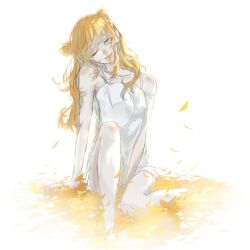 1girl blonde_hair blush closed_mouth double_bun falling_leaves hair_bun hands_on_ground highres knee_up leaf long_hair looking_at_viewer ninjin_14 non-web_source nose_blush on_ground one_eye_closed original simple_background sitting solo white_background white_chemise yellow_eyes yellow_leaves