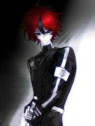 1boy ahoge black_background black_hair blood blood_on_face closed_mouth gradient_background grey_background highres holding holding_sword holding_weapon looking_at_viewer male_focus multicolored_hair red_hair simple_background solo sumino_takumi sword the_hundred_line_-last_defense_academy- weapon white_background