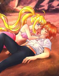 1boy 1girl artist_name beach bikini bikini_top_only blonde_hair blue_eyes breasts doumoto_kaito hands_on_another&#039;s_face highres large_breasts legs long_hair lying mermaid mermaid_melody_pichi_pichi_pitch monster_girl nanami_lucia navel ocean open_mouth orange_hair pants parted_lips pointy_hair smile swimsuit teeth thighs tongue twintails unconscious water