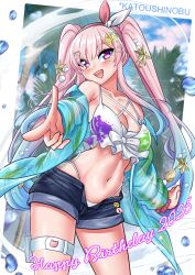 Rule 34 | 1girl, absurdres, airani iofifteen, airani iofifteen (holonatsu paradise), artist name, bikini, blue hair, breasts, cleavage, denim, denim shorts, gradient hair, hair ornament, happy birthday, head tilt, highres, hololive, hololive indonesia, holonatsu paradise, katou shinobu, long hair, looking at viewer, medium breasts, multicolored hair, navel, open mouth, palm tree, pink hair, purple eyes, shorts, smile, solo, swimsuit, thigh strap, tree, twintails, virtual youtuber