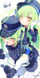 2girls absurdres blue_archive blue_jacket blue_shorts blue_skirt fang flat_chest gloves green_hair green_halo halo hat highres hikari_(blue_archive) jacket long_hair looking_at_viewer multiple_girls nozomi_(blue_archive) open_mouth sho_me_1853 shorts siblings simple_background skirt twins twintails white_background white_gloves yellow_eyes