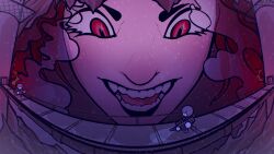 1girl ana_valens brown_hair demon_girl demon_horns fangs giant giantess highres horns nova_size red_eyes size_difference teeth variants
