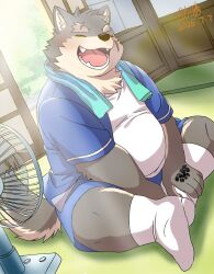 1boy animal_ears assist_victory belly blue_shirt blue_shorts brown_fur closed_eyes dated dog_boy dog_ears dog_nose dog_tail electric_fan facial_scar fangs fat floral_print furry furry_male hashtag-only_commentary highres indian_style male_focus moritaka_(housamo) open_clothes open_mouth open_shirt peony_print plump scar scar_across_eyebrow scar_on_cheek scar_on_face shirt shorts signature sitting smile tail tatami tokyo_houkago_summoners towel towel_around_neck white_shirt