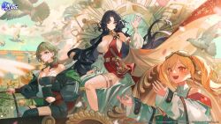 3girls ameriya azur_lane bare_shoulders bird black_dress black_hair black_thighhighs blonde_hair blush breasts cleavage closed_mouth dove dress giuseppe_garibaldi_(azur_lane) goggles goggles_on_head gradient_hair green_hair heterochromia highres jewelry large_breasts leonardo_da_vinci_(azur_lane) long_hair long_sleeves looking_at_viewer medium_hair multicolored_hair multiple_girls official_art open_mouth orange_eyes red_eyes roma_(azur_lane) second-party_source sitting smile strapless strapless_dress thighhighs thighlet thighs twintails very_long_hair white_bird