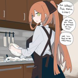 Rule 34 | 1girl, absurdres, apron, black skirt, brown apron, brown ribbon, cleaver, commentary, dishwashing, dishwashing soap, english commentary, english text, from behind, girls&#039; frontline, green eyes, hair ribbon, high ponytail, highres, indoors, kitchen, knife, long hair, looking at viewer, myticalcat, orange hair, plate, ponytail, ribbon, shirt, skirt, sleeves rolled up, solo, speech bubble, springfield (girls&#039; frontline), sweatdrop, upper body, very long hair, white shirt