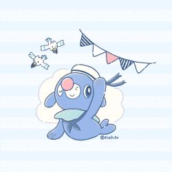 arm_up black_eyes blue_background blue_theme bright_pupils closed_mouth commentary_request full_body gen_3_pokemon gen_7_pokemon hat highres neckerchief nintendo no_humans one_eye_closed pokemon pokemon_(creature) popplio rio_(rio0v0o) string_of_flags twitter_username white_hat white_pupils wingull