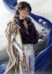 1boy absurdres arknights asymmetrical_sleeves black_shirt braid bright_pupils brown_eyes brown_hair concentric_circles dark-skinned_male dark_skin ditio_(ta243401) earrings feet_out_of_frame gloves highres holding jewelry looking_at_viewer magic male_focus mismatched_sleeves necklace pants shirt solo thorns_(arknights) thorns_the_lodestar_(arknights) white_gloves white_pants white_pupils