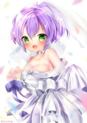 1girl azur_lane blush bouquet breasts choker dress flower frilled_dress frills green_eyes highres holding holding_bouquet javelin_(azur_lane) javelin_(blissful_purity)_(azur_lane) large_breasts looking_at_viewer magudara_naru medium_hair official_alternate_costume open_mouth purple_hair smile solo veil wedding_dress white_choker white_dress
