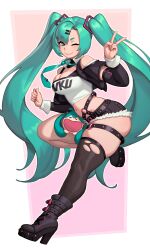 1girl absurdres aqua_hair aqua_necktie belt black_belt black_boots black_shorts black_thighhighs boots breasts closed_mouth commentary cosplay cutoffs english_commentary hair_ornament hairclip hatsune_miku high_heel_boots high_heels highres long_hair long_sleeves looking_at_viewer medium_breasts navel necktie nicole_demara nicole_demara_(cosplay) o-ring o-ring_thigh_strap one_eye_closed parted_bangs pink_background riz short_shorts shorts solo standing standing_on_one_leg thick_eyebrows thick_thighs thigh_strap thighhighs thighs torn_clothes torn_thighhighs twintails v very_long_hair vocaloid zenless_zone_zero