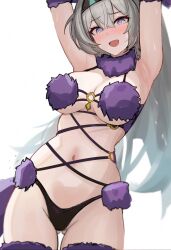1girl @_@ armpits arms_up bikini black_bikini blush breasts cosplay elbow_gloves fake_tail fate/grand_order fate_(series) firefly_(honkai:_star_rail) fur-trimmed_gloves fur-trimmed_legwear fur_bikini fur_collar fur_trim gloves gluteal_fold grey_hair highres honkai:_star_rail honkai_(series) large_breasts long_hair mash_kyrielight mash_kyrielight_(dangerous_beast) mash_kyrielight_(dangerous_beast)_(cosplay) mini2chainz navel open_mouth purple_bikini purple_gloves purple_tail revealing_clothes solo stomach swimsuit tail thighs white_background wolf_tail