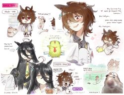 ... 2girls ? agnes_tachyon_(umamusume) ahoge animal animal_ears black_hair brown_hair chibi clipboard closed_eyes closed_mouth coat commentary cup ear_ornament english_commentary english_text gameplay_mechanics guinea_pig hair_between_eyes hamster heart hiru315 holding holding_clipboard holding_cup horse_ears horse_girl horse_tail lab_coat leaf long_hair manhattan_cafe_(umamusume) multiple_girls multiple_views neckerchief open_mouth profanity red_eyes sailor_collar school_uniform sleeves_past_fingers sleeves_past_wrists spoken_ellipsis standing tail tracen_school_uniform trainer_(umamusume) umamusume white_coat white_sailor_collar yellow_eyes yellow_neckerchief