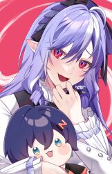 Rule 34 | 1girl, ahoge, belle (zenless zone zero), character doll, doll, drill hair, hairband, highres, holding, holding doll, kyabe54, long hair, looking at viewer, mole, mole under eye, open mouth, pointy ears, purple hair, purple hairband, red eyes, shrug (clothing), smile, upper body, vivian banshee, white shrug, zenless zone zero