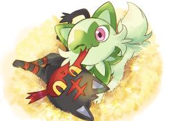 ;3 animal_focus cat closed_mouth commentary_request creatures_(company) from_above game_freak gen_7_pokemon litten looking_at_viewer nintendo no_humans one_eye_closed pink_eyes pokemon pokemon_(creature) smile sprigatito ssn_(sasa8u9r)