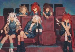 6+girls alternate_costume alternate_hairstyle animal_ears arknights asymmetrical_bangs black_boots black_choker black_gloves black_shirt black_skirt blazer blue_eyes blue_socks boots bow brown_hair choker combat_boots crossed_legs cup disposable_cup energy_wings expressionless exusiai_(arknights) exusiai_the_new_covenant_(arknights) fingerless_gloves gloves hair_bow hand_on_own_chin hand_on_own_head hand_on_own_hip hashtag-only_commentary head_rest high-waist_shorts highres horns indoors ines_(arknights) jacket jacknguyenart knee_boots lappland_(arknights) leaning_forward leaning_to_the_side long_hair looking_at_viewer material_growth medium_hair multiple_girls on_chair one_side_up open_clothes open_jacket oripathy_lesion_(arknights) outstretched_arms penance_(arknights) pink_socks ponytail red_bow red_eyes red_hair shirt short_shorts shorts single_fingerless_glove sitting skirt sleeveless sleeveless_shirt socks surtr_(arknights) theater_seating w_(arknights) white_hair white_shirt wolf_ears wolf_girl yellow_eyes