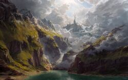 blue_sky cloud day fog highres landscape mountain no_humans original outdoors philipp_urlich river scenery sky sunlight tower water