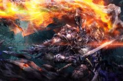 1boy armor black_armor black_cape cape chikashige commentary dark_souls_(series) dark_souls_ii dual_wielding faulds fire flaming_sword flaming_weapon full_armor fume_knight gauntlets greatsword helmet holding holding_sword holding_weapon knight looking_away male_focus pauldrons shoulder_armor signature solo standing sword upper_body waist_cape weapon