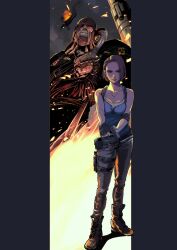 Rule 34 | 1boy, 1girl, black gloves, blue pants, blue shirt, brown hair, embers, fire, gauss &lt;bokashi, gloves, gun, highres, holding, holding gun, holding weapon, jewelry, jill valentine, necklace, nemesis (resident evil), pants, resident evil, resident evil 3: nemesis, resident evil 3 (remake), rocket launcher, shirt, short hair, weapon