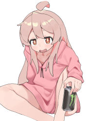 1girl arai ass blush brown_eyes female_focus hood hoodie legs long_hair monster onii-chan_wa_oshimai! open_mouth oyama_mahiro pink_hair simple_background sitting solo white_background
