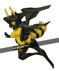 Rule 34 | 1futa, abdomen tail, arthropod girl, bar censor, bee girl, black hair, black sclera, black thighhighs, body modification, censored, closed mouth, colored nipples, colored sclera, colored skin, corruption, cyborg, english text, eyes visible through hair, futanari, high heels, high ponytail, highres, horns, insect girl, large penis, leg up, mechanical wings, mechanization, mosaic censoring, original, outstretched arms, penis, platinum1945, ponytail, robot, robot ears, smug, solo, stinger, thick thighs, thighhighs, thighs, third eye on chest, white background, wings, yellow eyes, yellow nipples, yellow skin