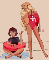 Rule 34 | 2girls, annoyed, black wetsuit, blonde hair, breasts, brown hair, commentary, dark-skinned female, dark skin, english commentary, full body, hand on own hip, indian style, lifeguard, long hair, looking at another, looking to the side, medium breasts, multiple girls, myraross, one-piece swimsuit, original, red one-piece swimsuit, sandals, simple background, sitting, swimsuit, teeth, upper teeth only, whistle, whistle around neck, yuri