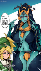 1boy 1girl absurdres artist_name blonde_hair blue_skin breasts colored_skin english_text green_hat hair_ornament hat highres jrpulse large_breasts link long_hair medium_hair midna midna_(true) nintendo orange_hair paid_reward_available red_eyes speech_bubble staring the_legend_of_zelda the_legend_of_zelda:_twilight_princess