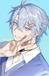 1boy akabane_yu antenna_hair black_choker blue_background blue_eyes blue_vest choker collared_shirt hair_ornament hashtag-only_commentary highres honkai:_star_rail honkai_(series) looking_at_viewer male_focus neck_tattoo phainon_(honkai:_star_rail) polka_dot polka_dot_background shirt solo sun_symbol sun_tattoo tan tattoo twitter_username upper_body vest white_hair white_shirt x_hair_ornament