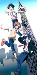 3boys absurdres belt black_hair black_jacket blue_eyes blue_pants brown_eyes brown_sweater_vest collared_shirt freckles full_body glasses grin hair_over_one_eye hand_on_own_head highres hood hood_down jacket jinnai_enta kuji_toi male_focus melchan multiple_boys necktie open_mouth outstretched_arm pants red_necktie sarazanmai shirt short_hair short_sleeves smile sweater_vest tower white_shirt yasaka_kazuki