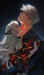 1boy 1girl calla10 choker closed_eyes couple eyelashes flower hetero highres kiss kissing_neck long_hair looking_at_viewer love_and_deepspace neck_tattoo parted_lips profile protagonist_(love_and_deepspace) red_eyes red_flower shirt short_hair sylus_(love_and_deepspace) tattoo upper_body watermark weibo_username weibo_watermark white_hair