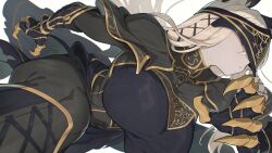 1girl arm_at_side black_boots black_gloves black_pants blonde_hair blurry boots borrowed_character breasts closed_mouth colored_skin commission covered_eyes depth_of_field dynamic_pose elbow_gloves facing_ahead fake_claws gloves gold_trim grey_skin hair_between_eyes hair_ornament hand_up hata4564 highres huge_breasts lace-up_boots long_hair mandarin_collar original pants sideways skeb_commission solo straight_hair x_hair_ornament