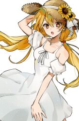Rule 34 | 1girl, :o, adjusting clothes, adjusting headwear, arm up, bead necklace, beads, breasts, brown hat, cowboy shot, detached sleeves, double-parted bangs, dress, flower, hair between eyes, hat, hat flower, hat ribbon, highres, jewelry, long dress, long hair, looking at viewer, necklace, open mouth, orange eyes, original, osr 00 osr, ribbon, simple background, small breasts, solo, strap, straw hat, sun hat, sunflower, twintails, white background, white dress, white ribbon, wind