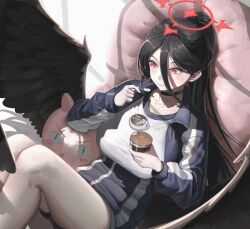 1girl absurdres black_hair black_wings blue_archive blue_jacket blue_shorts breasts chojja closed_mouth feathered_wings food food_in_mouth hair_between_eyes hasumi_(blue_archive) hasumi_(track)_(blue_archive) highres holding holding_food holding_spoon jacket large_breasts long_bangs long_hair official_alternate_costume official_alternate_hairstyle ponytail red_eyes shirt shorts sidelocks solo spoon white_shirt wings