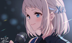 Rule 34 | 1girl, blue eyes, blue ribbon, blurry, blurry background, blush, braid, commentary request, dated, gakuen idolmaster, grey hair, hair ribbon, hakusen (idolmaster), half up braid, highres, holding, holding microphone, idolmaster, ima (lm ew), katsuragi lilja, looking ahead, microphone, official alternate costume, portrait, ribbon, ribbon braid, short hair, signature, smile, solo, twitter username