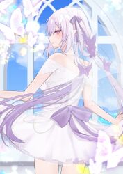 1girl blue_sky breasts castorice_(honkai:_star_rail) commentary_request dress from_behind highres honkai:_star_rail honkai_(series) long_hair medium_breasts pointy_ears purple_eyes purple_hair see-through_clothes see-through_veil sky solo thighs veil wedding_dress white_dress window yumeneko_nyaa