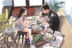 Rule 34 | 1boy, 1girl, bare legs, china dress, chinese clothes, dress, highres, long hair, looking at viewer, no socks, original, reebok pump, restaurant, shoes, sneakers, suisei mtmt