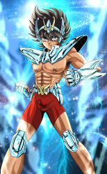 1boy abs absurdres armor armpit_hair armpits bara bike_shorts brown_eyes brown_hair bulge hairy_legs highres lseraphim lucifer_seraphim male_focus manly muscular muscular_arms muscular_legs muscular_male nipples pectorals pegasus_seiya precum_stain saint_seiya yaoi