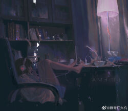 1girl air_bubble bare_legs barefoot blue_shorts book bookshelf bowl brown_hair bubble chinese_commentary commentary_request covering_own_mouth curtains dark feet_on_table from_side headphones indoors lamp leaning_back listening_to_music medium_hair night on_chair original pink_robe qunqing123 robe shorts sitting solo timestamp