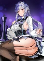 1girl ass black_garter_straps black_panties black_thighhighs breasts chess_piece chessboard chinami_(chinamin_02) commentary dress garter_straps highres king_(chess) large_breasts lying mole mole_under_eye on_side oversized_object panties parted_lips pawn_(chess) pointy_ears purple_background purple_hair red_eyes sideboob solo symbol-only_commentary thighhighs underwear vivian_banshee white_dress zenless_zone_zero