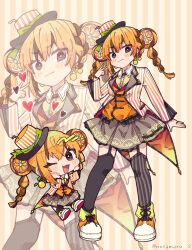 1girl :3 ;d asymmetrical_legwear blush_stickers boots brown_eyes brown_hair brown_skirt brown_thighhighs chibi closed_mouth collared_shirt commentary_request earrings food frilled_shirt frilled_skirt frills fruit full_body green_ribbon hand_up hands_on_own_cheeks hands_on_own_face hat hat_ribbon highres jacket jewelry long_sleeves looking_at_viewer medium_hair multicolored_hair multiple_views notamaru_2 one_eye_closed open_mouth orange_(fruit) orange_boots orange_hair original red_hat ribbon shirt skirt smile standing striped_background striped_clothes striped_headwear striped_thighhighs thighhighs twitter_username two-tone_hair v white_jacket yellow_background yellow_shirt