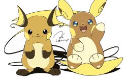 alolan_form alolan_raichu blue_eyes brown_eyes creatures_(company) game_freak gen_1_pokemon gen_7_pokemon looking_at_viewer nintendo no_humans open_mouth pokemon pokemon_(creature) raichu siiciq8 simple_background sitting smile standing tail tongue white_background