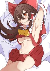 Rule 34 | 1girl, absurdres, armpits, arms up, ascot, blush, bow, breasts, brown hair, clothes lift, detached sleeves, frilled bow, frilled hair tubes, frills, hair between eyes, hair bow, hair tubes, hakurei reimu, highres, long hair, medium breasts, navel, nipple slip, nipples, no bra, nontraditional miko, red bow, red eyes, red skirt, ribbon, ribbon-trimmed sleeves, ribbon trim, skirt, skirt lift, skirt set, solo, touhou, unanooo (fthx7532), white background, yellow ascot