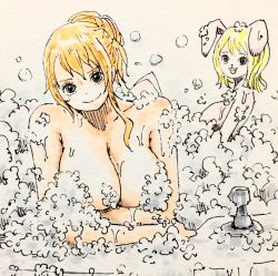 Rule 34 | bath, blonde hair, breasts, bubble bath, carrot (one piece), foam, gamenamepuipui, highres, large breasts, nami (one piece), one piece, orange hair, rabbit ears, rabbit girl, short hair, tied up hair