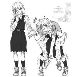 1boy 2girls absurdres blue_eyes burger chainsaw_man collared_shirt comic_panel_inset denji_(chainsaw_man) dress earrings eating fami_(chainsaw_man) famine_devil_(chainsaw_man) food fourth_east_high_school_uniform highres holding holding_burger holding_food jewelry kneehighs kwadarth long_sleeves medium_hair multiple_girls pants pinafore_dress purple_eyes school_uniform shirt short_sleeves sleeveless sleeveless_dress socks spot_color