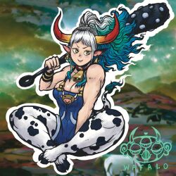 Rule 34 | 1girl, alternate form, animal ears, bare shoulders, blush, breasts, choker, cleavage cutout, clothing cutout, club, club (weapon), cow ears, cow girl, cow tail, crossover, female focus, gold, highres, horns, kanabou, large breasts, looking at viewer, monster musume no iru nichijou, multicolored hair, muscular, muscular arms, muscular female, one piece, ornament, overalls, sideboob, smile, solo, tail, thick thighs, thighs, wafalo, weapon, yamato (one piece), yellow eyes