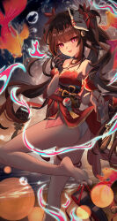 1girl :d absurdres aichinaigai ass barefoot beach black_gloves brown_hair feet_out_of_frame finger_heart fireworks fish fox_mask gloves highres holding holding_shoes holding_unworn_clothes honkai:_star_rail honkai_(series) leg_up looking_at_viewer mask mask_on_head nail_polish open_mouth outdoors red_eyes red_nails shoe_dangle shoes single_glove smile solo sparkle_(honkai:_star_rail) unworn_shoes