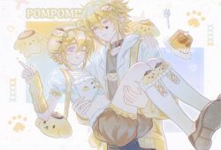 Rule 34 | 2boys, ahoge, alternate costume, androgynous, animal bag, animal ear hairband, animal ears, aotu world, artist name, bag, bishounen, black collar, black pants, black shirt, blonde hair, blue eyes, brown pants, brown shoes, carrying, choker, closed mouth, collar, crop top, crossdressing, crossover, dog, dog ear hairband, dog ears, english text, facial mark, fake animal ears, food, fork, godrose (aotu world), hair ornament, hairband, hairclip, hand up, heart, highres, hood, hood down, hooded jacket, index finger raised, jacket, king (aotu world), kneehighs, licking lips, looking at viewer, male focus, midriff, multicolored jacket, multiple boys, navel, one eye closed, pants, plate, plutoray, pointing, pointing up, pointy ears, pompompurin, princess carry, print shirt, pudding, sanrio, shirt, shoes, short hair, shorts, shoulder bag, smile, socks, star (symbol), tongue, tongue out, trap, white choker, white jacket, white shirt, white socks, yaoi, yellow arm warmers, yellow bag, yellow eyes, yellow jacket