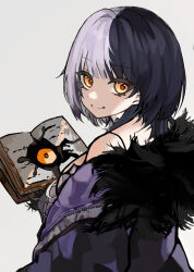 1girl black_coat black_hair book breasts closed_mouth coat fur-trimmed_coat fur_trim grey_background grey_hair highres holding holding_book hololive hololive_english large_breasts looking_at_viewer looking_back mapumapu multicolored_hair open_book purple_coat shiori_novella shiori_novella_(1st_costume) simple_background slime_(substance) smile solo split-color_hair two-sided_coat two-sided_fabric two-tone_hair virtual_youtuber yellow_eyes