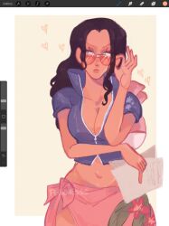 1girl bag black_hair blue_jacket breasts cleavage closed_mouth collarbone commentary cropped_jacket english_commentary eyelashes heart high_collar highres holding holding_paper jacket long_hair looking_to_the_side midriff navel nico_robin nico_robin_(return_to_sabaody) one_piece orange-tinted_eyewear paper peqchesss pink_sarong sarong shoulder_bag sidelocks solo sunglasses tinted_eyewear zipper zipper_pull_tab