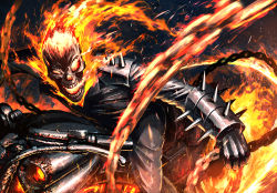 1boy biker_clothes bracelet chain fire flaming_skull flaming_weapon ghost_rider ghost_rider_(series) gloves hetza_(hellshock) jewelry male_focus marvel motor_vehicle motorcycle shoulder_spikes solo spiked_bracelet spikes vehicle whip